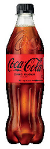 Plastflaska med Coca-Cola Zero Sugar med röd etikett och svart kork. Text: "Vinn priser".