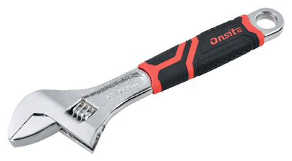 Justerbar skiftnyckel med röd och svart soft-grip handtag och kromat huvud.
