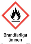 Vit skylt med en röd romb innehållande en svart flamma. Texten "Brandfarliga ämnen" syns under.
