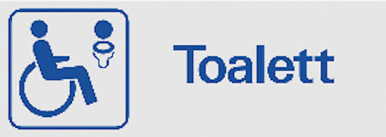 Skylt med symboler för rullstol och barnskötbord samt texten "Toalett" i blått på vit bakgrund.