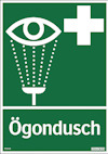 Grön skylt med symbol för ögondusch och ett vitt kors. Texten "Ögondusch" visas under symbolen.