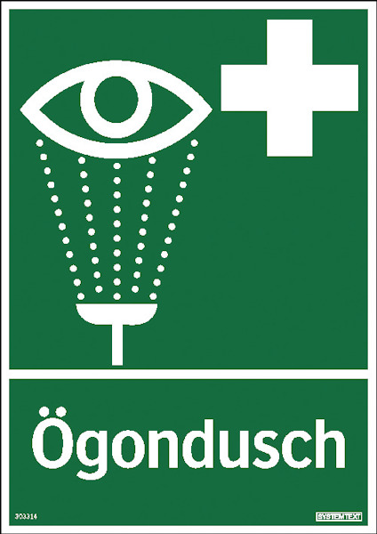 Grön skylt med symbol för ögondusch och ett vitt kors. Texten "Ögondusch" visas under symbolen.