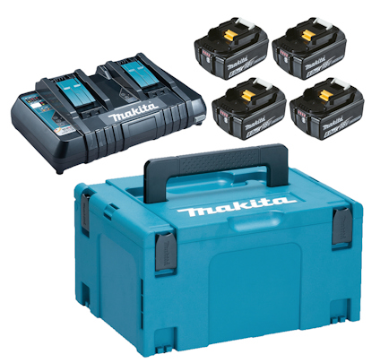 Makita-laddare med två platser, fyra batterier och blå förvaringslåda.