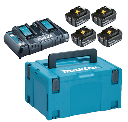 Batteriladdare, fyra batterier och blå förvaringslåda med Makita-logotyp.