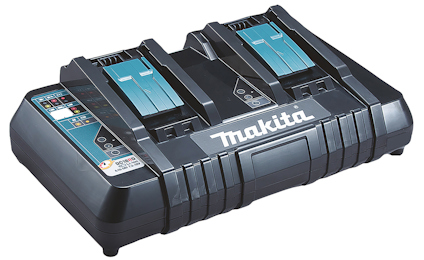 Svart dubbel laddare med Makita-logotyp, två batterifack och kontrollpanel till vänster.