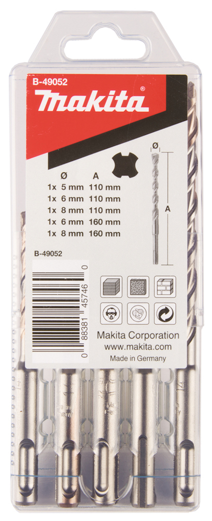 Borrset i förpackning med fem borr i olika storlekar och en etikett med texten "Makita B-49052" samt streckkod.