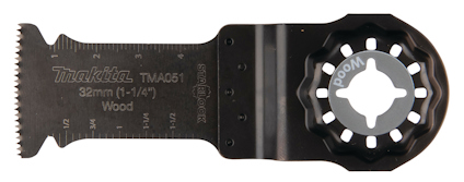 Multiblad med tandat skär, texten "Makita TMA051 32mm Wood" och ett hål i mitten av basen för verktygsfäste.