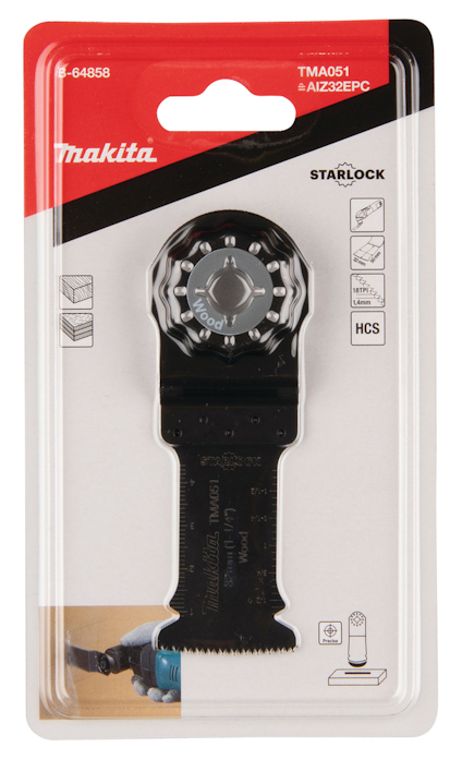 Förpackning med Makita Starlock sågblad TMA051 i plastförpackning med röda och vita detaljer.
