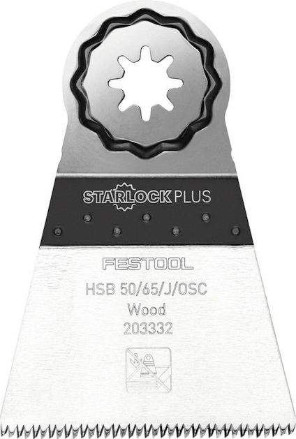 Träsågblad med stjärnformat fäste, svart/silver färg, märkt "Festool HSB 50/65/J/OSC Wood 203332".