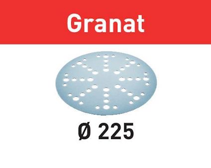 Sliprondell med hål, texten "Granat" på röd bakgrund och "Ø 225" under rondellen.