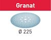Rund slippapper med hål, text "Granat". Diameter 225 mm.