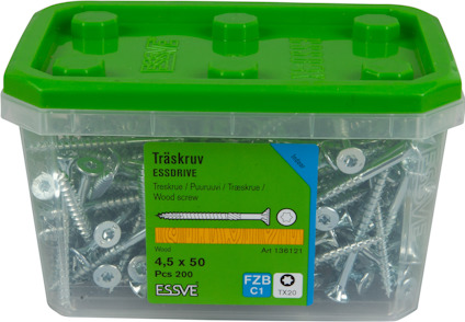 Grön plastlåda med 200 träskruvar, 4,5 x 50 mm, märkt "ESSVE" och "Art 136121".