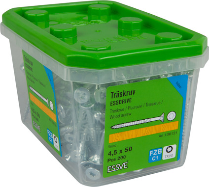 Plastlåda med träskruv Essdrive, grönt lock, 4,5x50 mm, 200 st, artnr 136121.