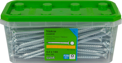 Plastlåda med träskruvar, etikett: "Träskruv ESSDRIVE 6,0 x 140 pcs 100". Grönt lock, klar behållare.