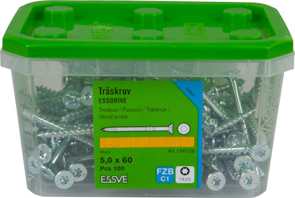 Plastlåda med grönt lock innehållande träskruvar, etiketten säger: "Träskruv ESSDRIVE, 5,0 x 60, PCS 100".