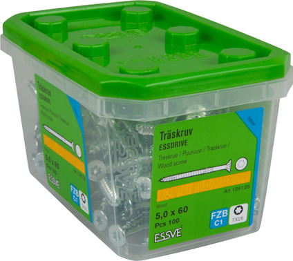 Transparent plastförpackning med grönt lock innehållande 100 träskruvar, 5,0 x 60 mm, märke ESVE.