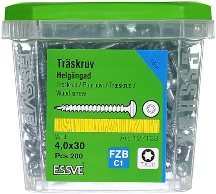 Plastförpackning med 200 träskruvar, grönt lock, etikett med text: "Träskruv", "4,0x30", "ESSVE", "FZB C1", "TX20