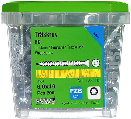 Plastlåda med 200 träskruvar, 6,0x40 mm, Essve, FZB C1, art.nr 123195, grön etikett.