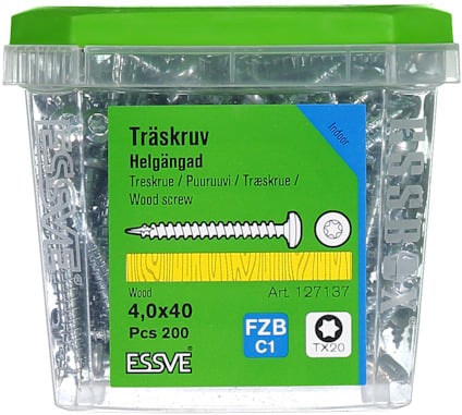 Plastlåda med grönt lock innehållande 200 träskruvar, 4,0x40 mm, från märket ESSVE.