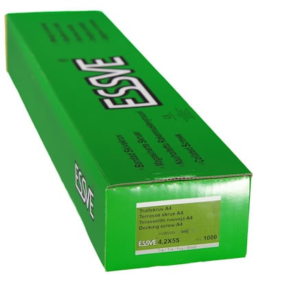 Grön förpackning med texten "ESSVE". Etikett visar "Trallskruv A4" och specifikationer "4,2x55", "1000 st".