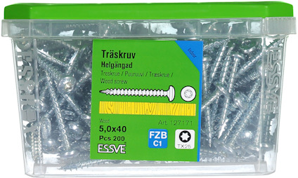 Plastlåda med 200 helgalvade träskruvar, storlek 5,0x40. Märkt ESSVE.