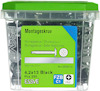 Transparent plastbehållare med svarta spånskiveskruvar, etikett visar "Montageskruv 4,2x13 Black, Pcs 250".