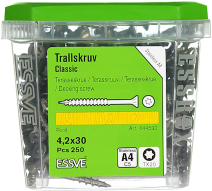 Plastlåda med 250 stycken terrasskruvar, Essve Trallskruv Classic, 4,2x30 mm, rostfritt stål, för trä användning.