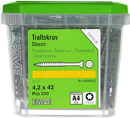 Förpackning med trallskruvar, 4,2 x 42 mm, 250 st, rostfritt stål, ESSVE.