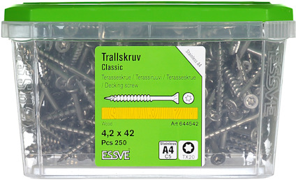 Plastförpackning med grönt lock innehållande 250 trallskruvar, specifikation 4,2 x 42 mm, ESSVE Trallskruv Classic.