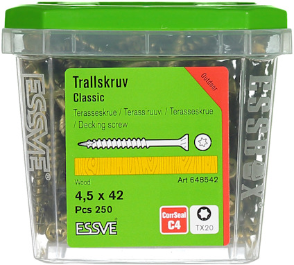 Essbox-förpackning innehållande 250 trallskruvar, 4,5 x 42 mm, för trä, märkta med Essve och Corrosion C4.