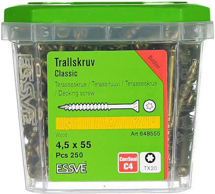 Förpackning med trallskruv, märkt Essve, innehåller 250 skruvar storlek 4,5 x 55 mm.