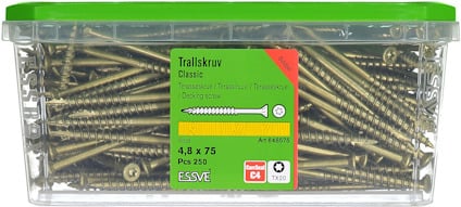 Plastlåda med 250 terrasskruvar, 4,8 x 75 mm. Gröna etiketter med text på svenska och engelska.