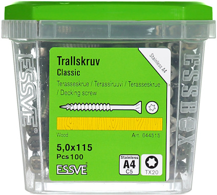 Plastburk med villaskruv, etikettens text: "Trallskruv Classic, 5,0x115, Pcs 100, A4, C5, TX20, ESSVE".
