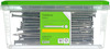Transparent plastlåda med grönt lock innehållande trallskruvar, text: "Trallskruv Classic", "ESSVE", "5,0x115", "Pcs 100".