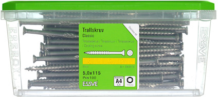 Transparent plastlåda med grönt lock innehållande trallskruvar, text: "Trallskruv Classic", "ESSVE", "5,0x115", "Pcs 100".