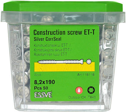 Förpackning med 50 byggskruvar ET-T, 8,2x190 mm, silver CorrSeal, från ESSVE. Text på flera språk.