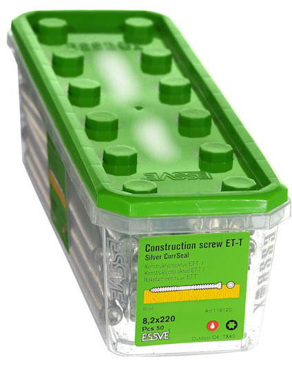 Grön plastlåda med texten "Construction screw ET-T Silver Corrosion Seal 8,2x220 PCS 50".