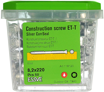 Förpackning med ESSVE Construction screw ET-T, 8,2x220 mm, 50 st, för trä, med grön och genomskinlig design.