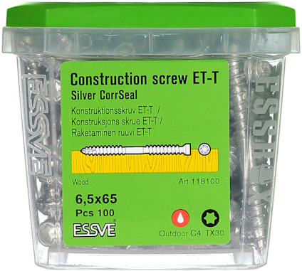 Förpackning med ESSVE constructionskruv ET-T, silver CorSeal, 6,5x65 mm, 100 stycken.