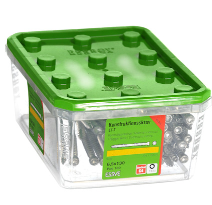 Förpackning med ESSVE konstruktionsskruvar, 6,5x100 mm, 100 delar, grön lock, text på etikett inkluderar rostskyddsklass C4.