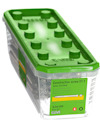 Plastförpackning med grönt lock, innehållande byggskruvar, märkta "Construction screw ET-T silver CorSeal".