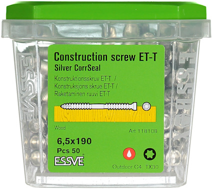 Plastbehållare med 50 konstruktionsskruvar ET-T 6,5x190 mm från ESSVE.