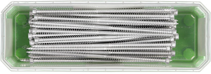 En transparent plastbehållare med flera långa metallskruvar liggande parallellt på en grön bakgrund.