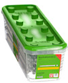 Plastförpackning med grönt lock innehållande konstruktionsskruvar, märkt ESVE, Artikel nr: 1181010, 6,5x220 mm, 50 st.