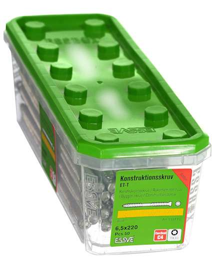 Plastförpackning med grönt lock innehållande konstruktionsskruvar, märkt ESVE, Artikel nr: 1181010, 6,5x220 mm, 50 st.