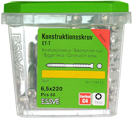 Skruvlåda från ESSVE, etikett med text: "Konstruktionsskruv ET-T, 6,5x220, PCS 50".