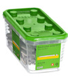 Plastbehållare med grönt lock innehållande ESSVE konstruktionsskruvar ET-T, 8,2x130 mm, 50 stycken.