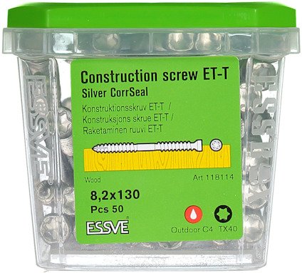 Grön plastförpackning med 50 silverfärgade trallskruvar. Märkning: "Construction screw ET-T, 8,2x130".