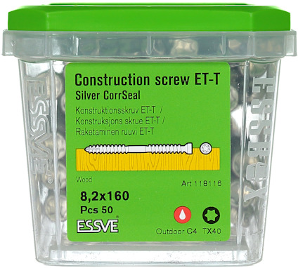 Grön förpackning med 50 st byggskruvar ET-T Silver CorrSeal, storlek 8,2x160 mm, från ESSVE.