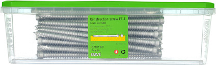 Förråd med byggskruvar, etikett visar "Construction screw ET-T", storlek 8,2x160 mm, med grönt lock.